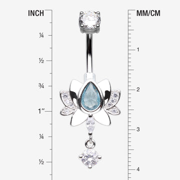 Detail View 1 of Glistening Lotus Sparkle Dangle Belly Button Ring-Clear Gem/Aqua